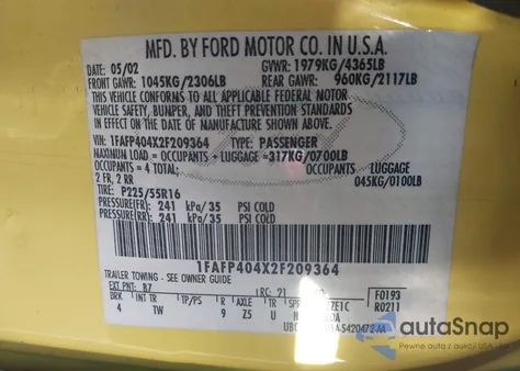 2002 Ford Mustang from USA, damaged, VIN 1FAFP404X2F209364